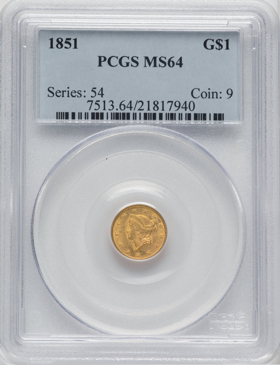 1851 G$1 Gold Dollar PCGS MS64