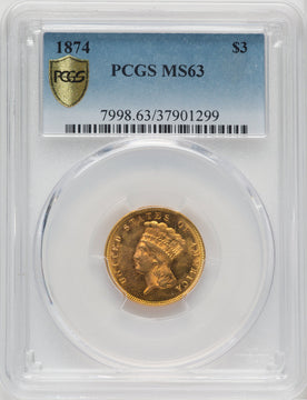 1874 $3 Three Dollar Gold Pieces PCGS MS63
