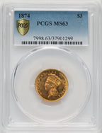 1874 $3 Three Dollar Gold Pieces PCGS MS63
