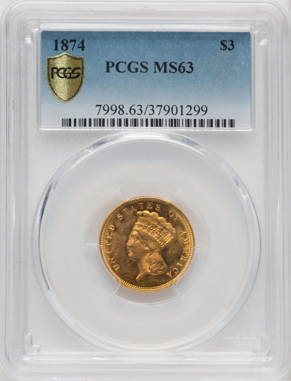 1874 $3 Three Dollar Gold Pieces PCGS MS63