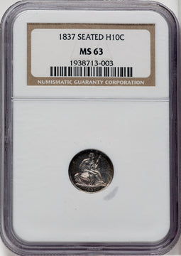 1837 No Stars Large Date (Curl Top 1) Seated Half Dime NGC MS63