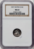 1837 No Stars Large Date (Curl Top 1) Seated Half Dime NGC MS63