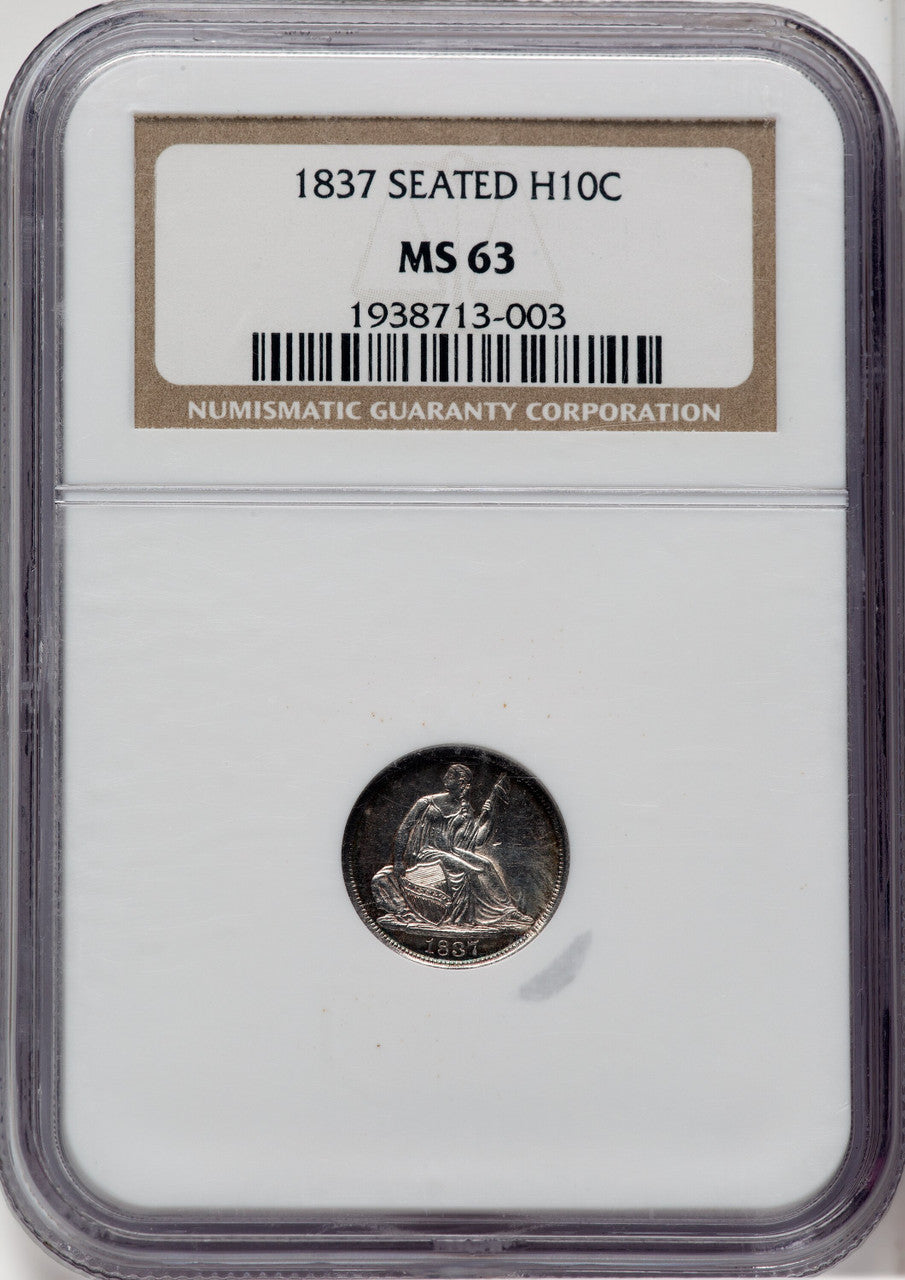 1837 No Stars Large Date (Curl Top 1) Seated Half Dime NGC MS63