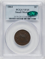 1864 Small Motto BN CAC Two Cent Pieces PCGS VF25
