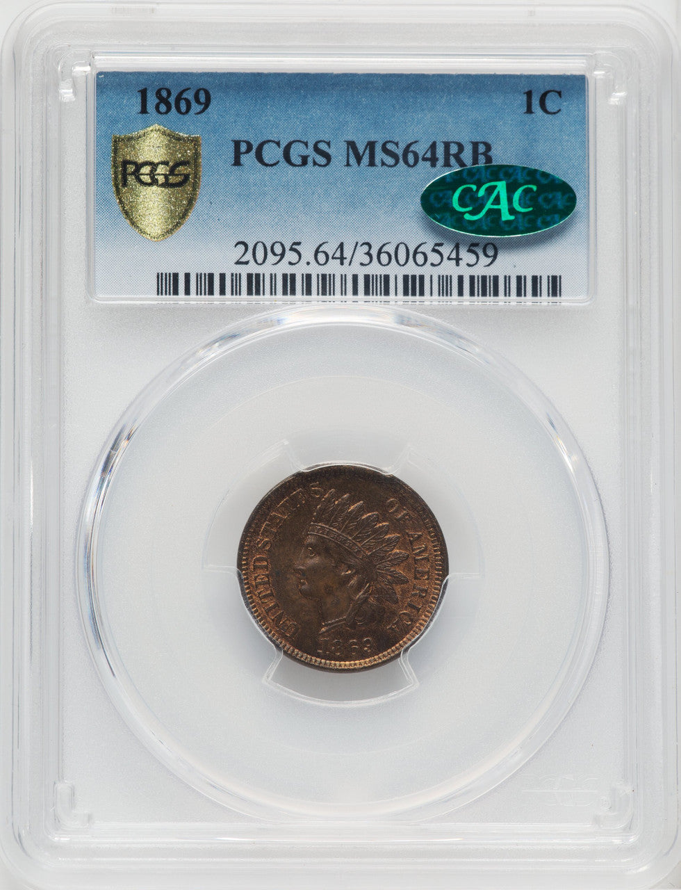 1869 1C RB CAC Indian Cent PCGS MS64