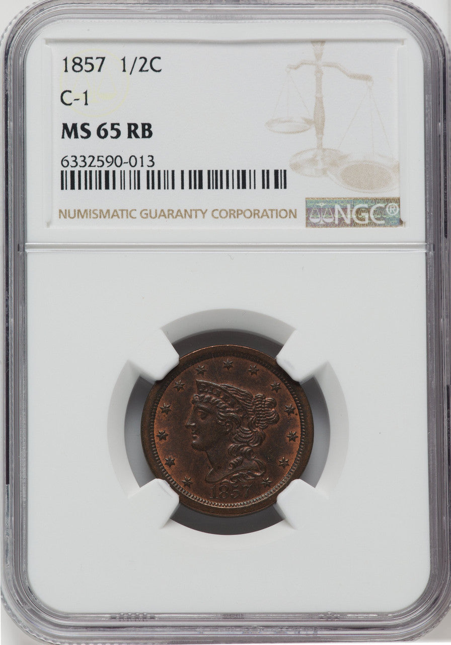 1857 1/2 C C-1 RB Half Cent NGC MS65
