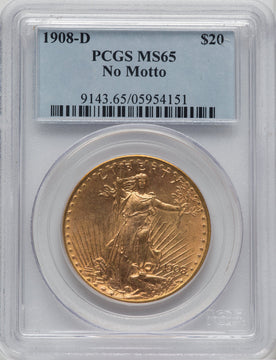 1908-D $20 NO MOTTO Saint-Gaudens Double Eagle PCGS MS65 (763958023)
