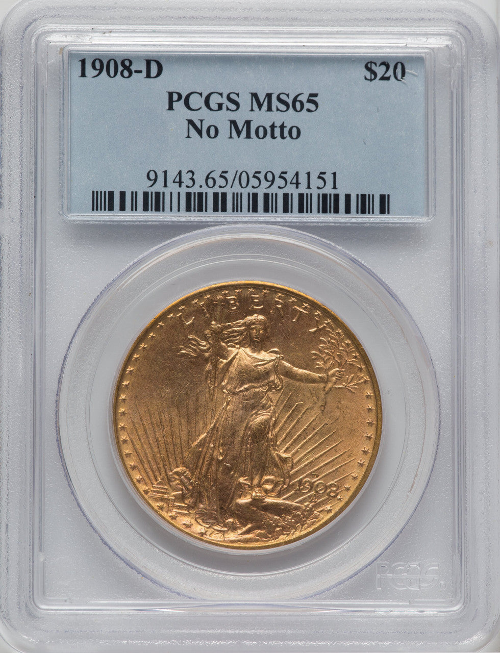 1908-D $20 NO MOTTO Saint-Gaudens Double Eagle PCGS MS65 (763958023)