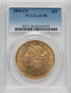 1893-CC $20 Liberty Double Eagle PCGS AU58
