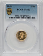 1861 G$1 Gold Dollar PCGS MS62