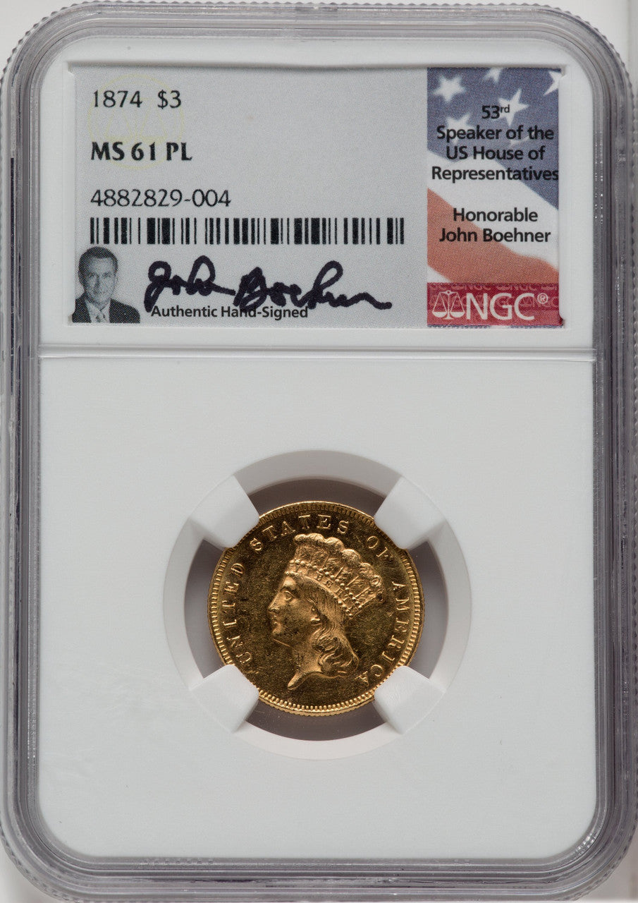 1874 $3 PL Three Dollar Gold Pieces NGC MS61 John Boehner Signed