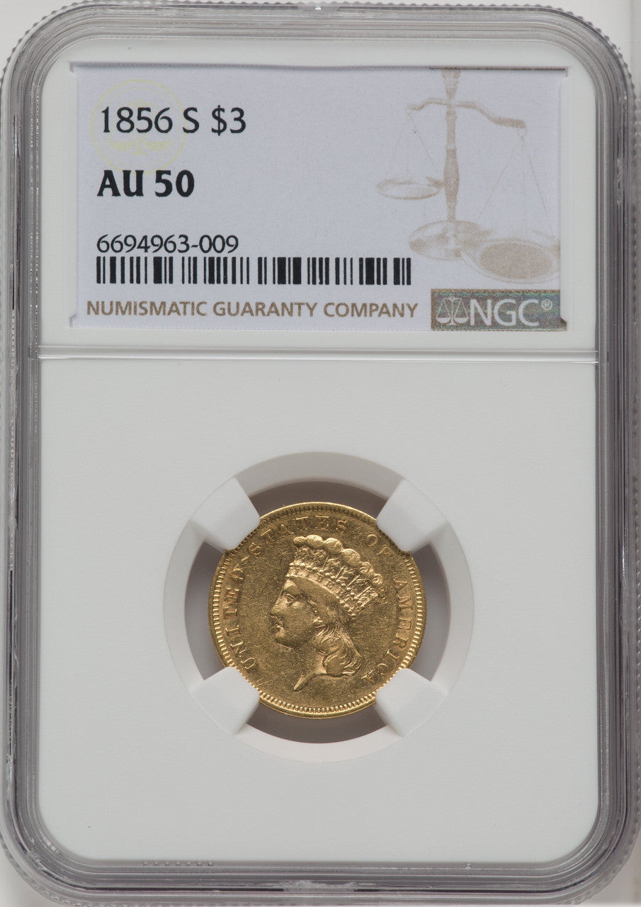 1856-S $3 Three Dollar Gold Pieces NGC AU50
