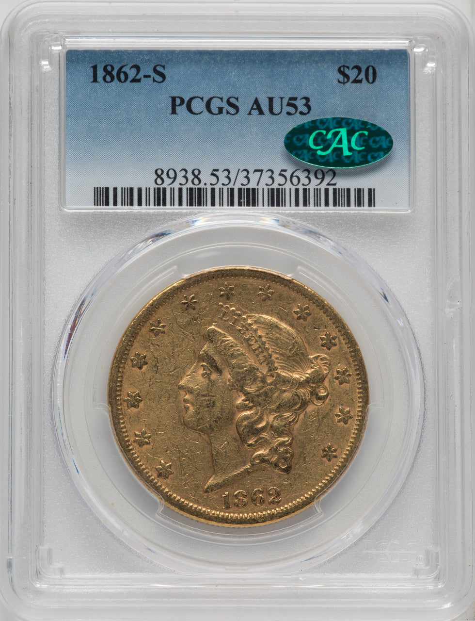 1862-S $20 CAC Liberty Double Eagle PCGS AU53