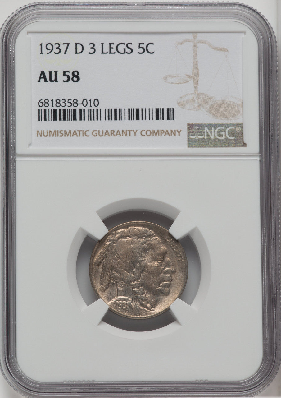 1937-D 5C Three-Legged Buffalo Nickel NGC AU58