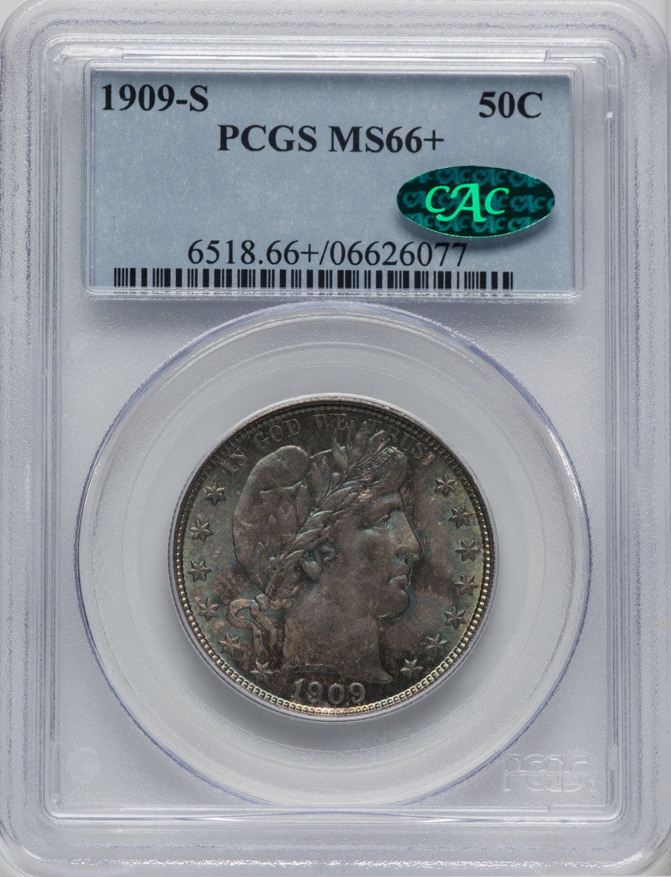 1909-S 50C CAC Barber Half Dollar PCGS MS66+
