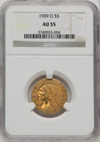 1909-O $5 Indian Half Eagle NGC AU55