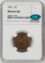 1871 2C BN CAC Two Cent Pieces NGC MS64+
