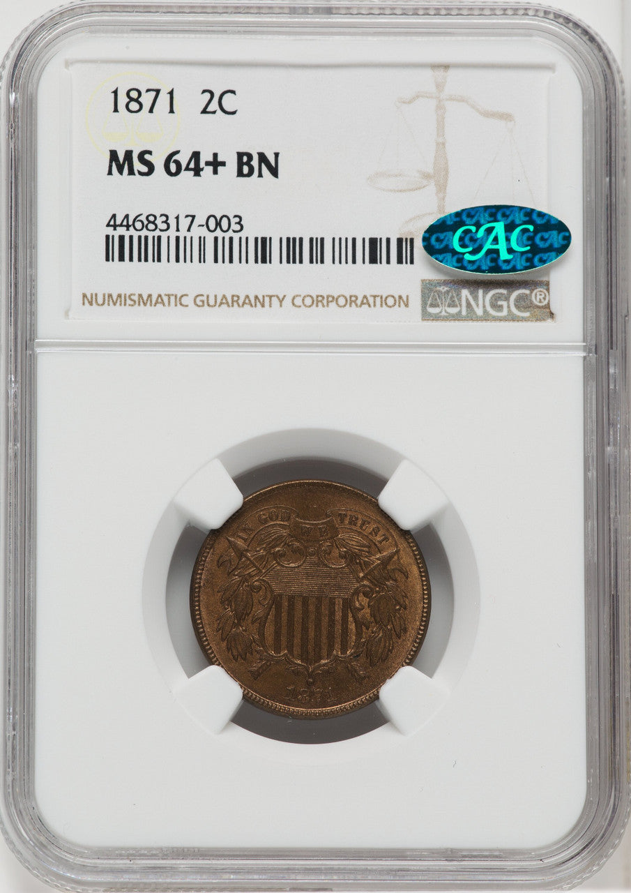 1871 2C BN CAC Two Cent Pieces NGC MS64+