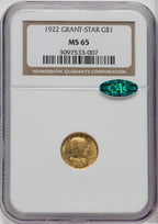 1922 G$1 Grant With Star CAC Commemorative Gold NGC MS65
