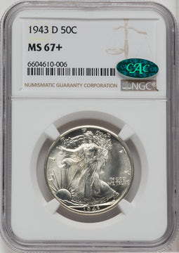 1943-D 50C CAC Walking Liberty Half Dollar NGC MS67+