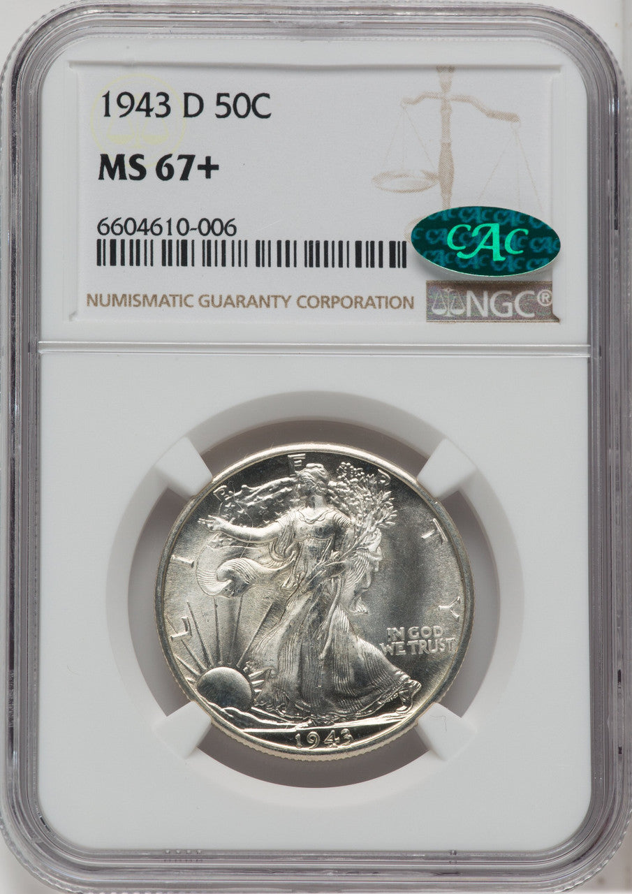 1943-D 50C CAC Walking Liberty Half Dollar NGC MS67+