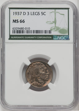 1937-D 5C Three-Legged FS-901 Buffalo Nickel NGC MS66