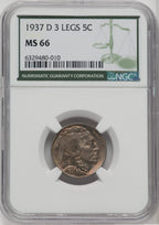 1937-D 5C Three-Legged FS-901 Buffalo Nickel NGC MS66