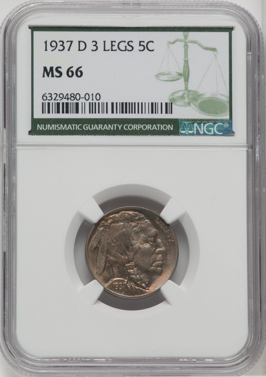 1937-D 5C Three-Legged FS-901 Buffalo Nickel NGC MS66