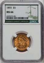 1893 $5 Green Label Liberty Half Eagle NGC MS66