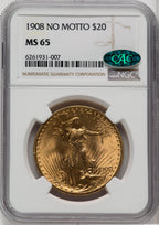 1908 $20 NO MOTTO CAC Saint-Gaudens Double Eagle NGC MS65