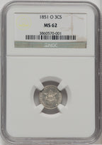 1851-O 3CS Three Cent Silver NGC MS62