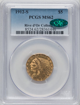 1912-S $5 CAC Indian Half Eagle PCGS MS62