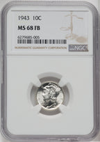1943 10C FB Mercury Dime NGC MS68