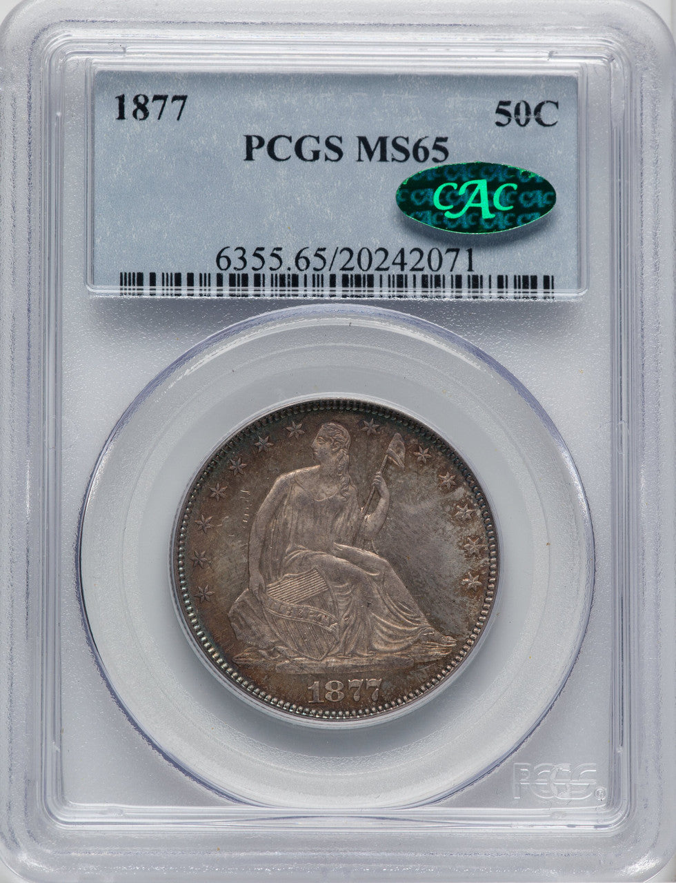 1877 50C CAC Seated Half Dollar PCGS MS65