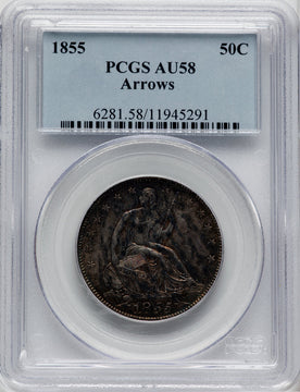 1855 50C Arrows Seated Half Dollar PCGS AU58