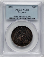1855 50C Arrows Seated Half Dollar PCGS AU58