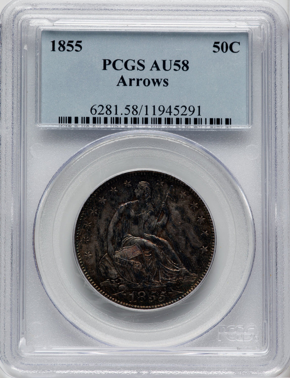 1855 50C Arrows Seated Half Dollar PCGS AU58