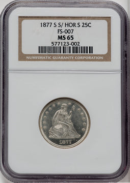 1877-S 25C S Over Horizontal S FS-501 Seated Quarter NGC MS65