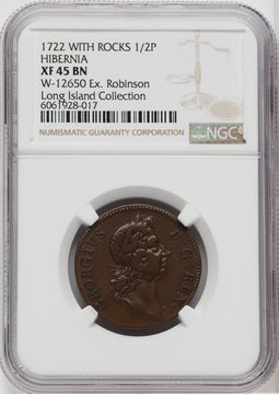 1722 Hibernia Pattern Halfpenny Rocks BN Colonials NGC XF45