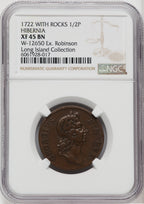 1722 Hibernia Pattern Halfpenny Rocks BN Colonials NGC XF45