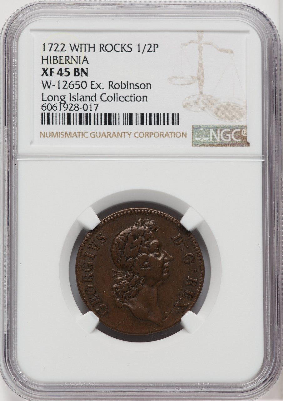 1722 Hibernia Pattern Halfpenny Rocks BN Colonials NGC XF45