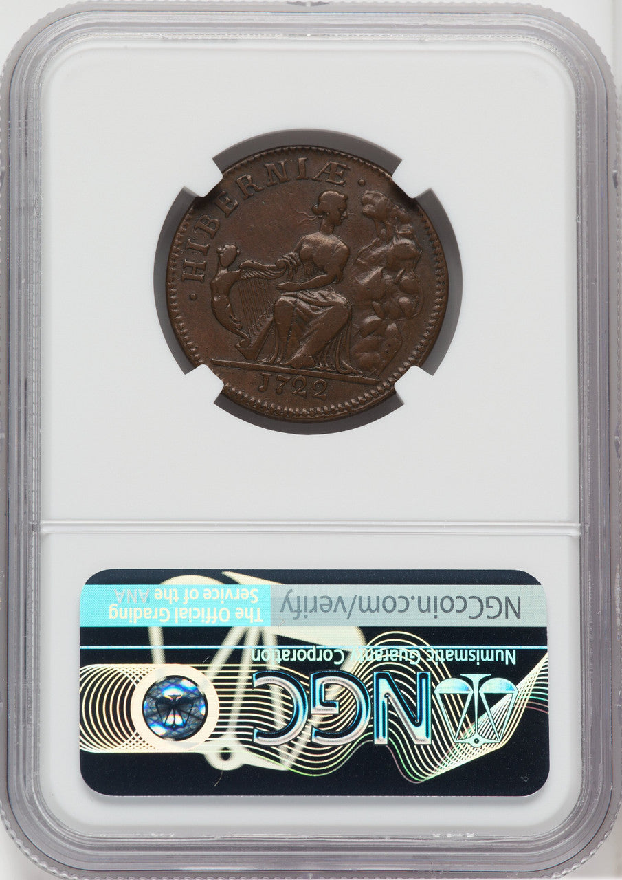 1722 Hibernia Pattern Halfpenny Rocks BN Colonials NGC XF45