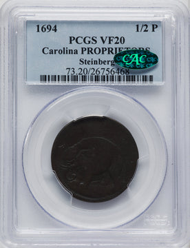 1694 Carolina Elephant Token PROPRIETORS BN CAC Colonials PCGS VF20