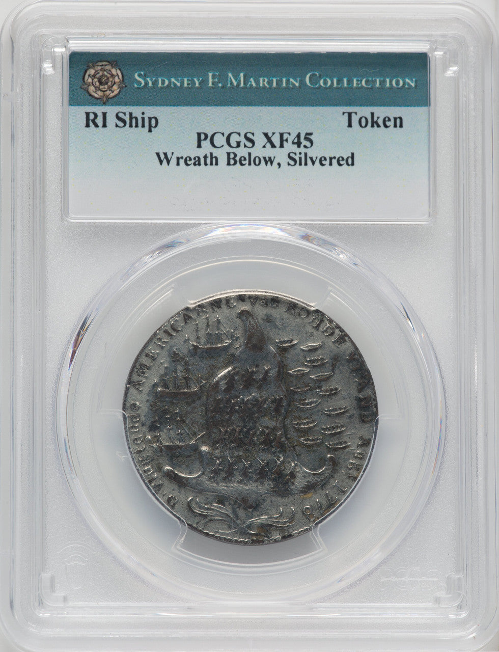 1779 Rhode Island Ship Token Wreath Below Silvered Colonials PCGS XF45