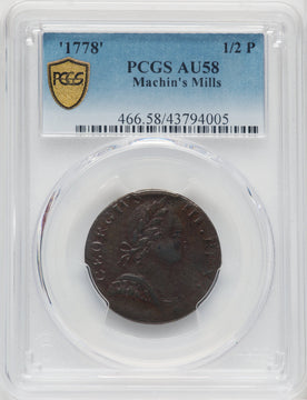 1778 Machin's Mills Halfpenny BN Colonials PCGS AU58