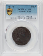 1778 Machin's Mills Halfpenny BN Colonials PCGS AU58