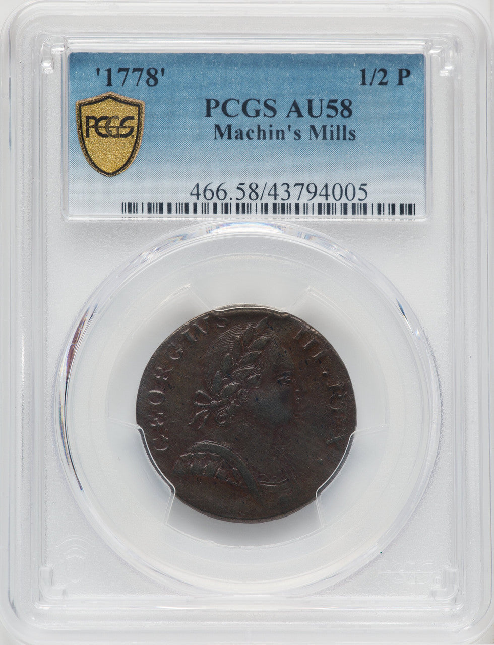 1778 Machin's Mills Halfpenny BN Colonials PCGS AU58