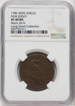 1786 New Jersey Copper Wide Shield BN Colonials NGC XF40