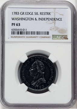 1783 Washington & Independence Cent Draped Bust No Button Silver Restrike Colonials NGC MS63