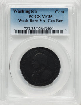 1792 Washington Born Virginia Cent Inscribed Reverse BN Colonials PCGS VF35